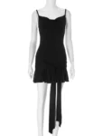 Front view of black draped mini dress.webp