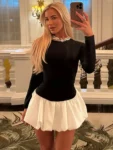 Patchwork sexy mini dress with black bodice and white skirt