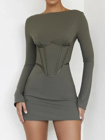 Mozision 2022 New Full Sleeve Backless Mini Dress For Women Robe Autumn O Neck Corset Bodycon Party Short Dresses Vestido