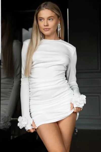 White floral cuff long sleeve mini dress front view