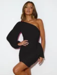 Green One-Shoulder Ruched Mini Dress Front