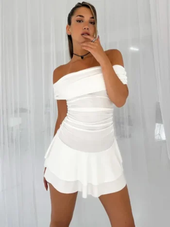 Off-shoulder strapless white ruched mini dress with layered hemline