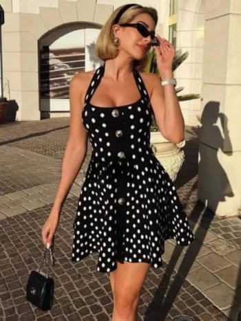 chic polka dot halter neck dress black with white dots elegant A-line