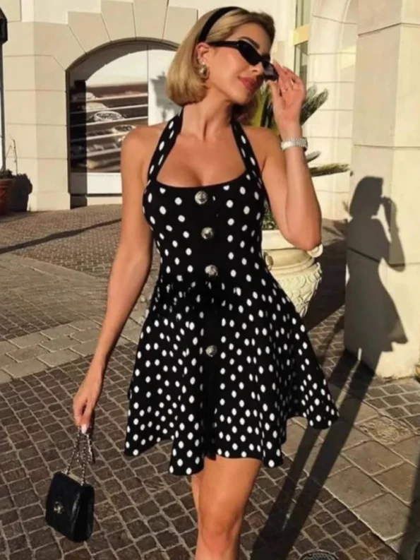 chic polka dot halter neck dress black with white dots elegant A-line
