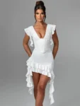White deep V backless ruffle mini dress.webp