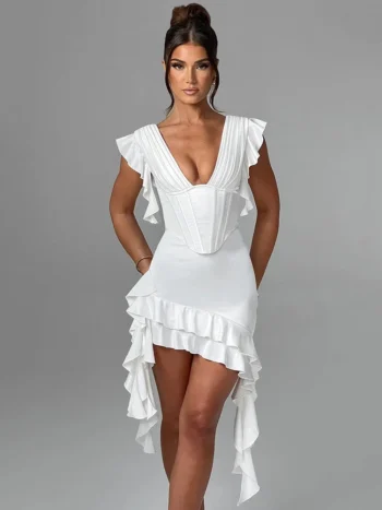 Deep V neck backless white ruffle mini dress with asymmetrical hem