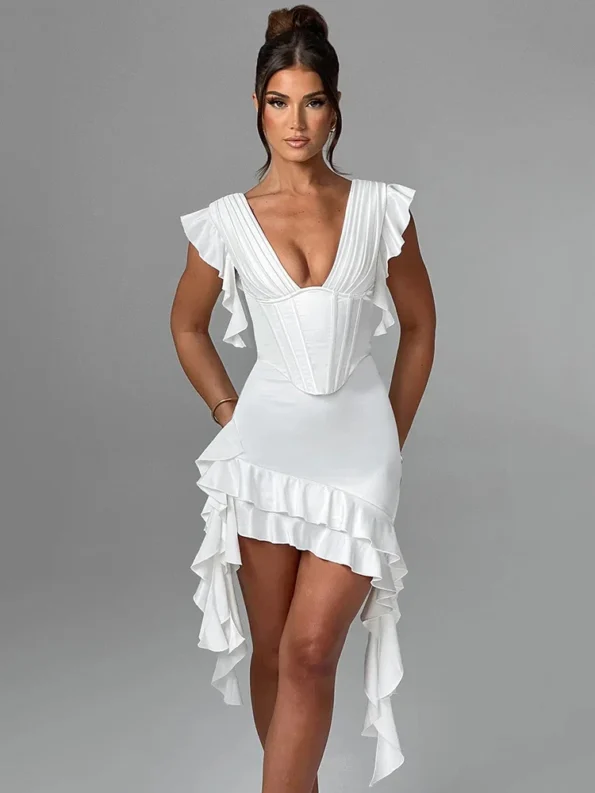 Deep V neck backless white ruffle mini dress with asymmetrical hem