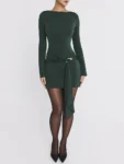 Long sleeve draped ruched mini dress front view