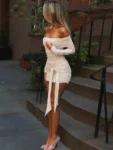 Beige Off-Shoulder Ruched Mini Dress.webp