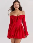 Red off-shoulder flare sleeve mini dress front view