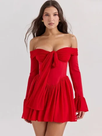Red off-shoulder flare sleeve mini dress front view
