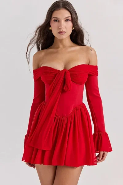 Red off-shoulder flare sleeve mini dress front view