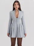Gray Long Sleeve Pleated Mini Dress.webp