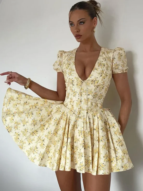 Model in floral deep V-neck A-line mini dress