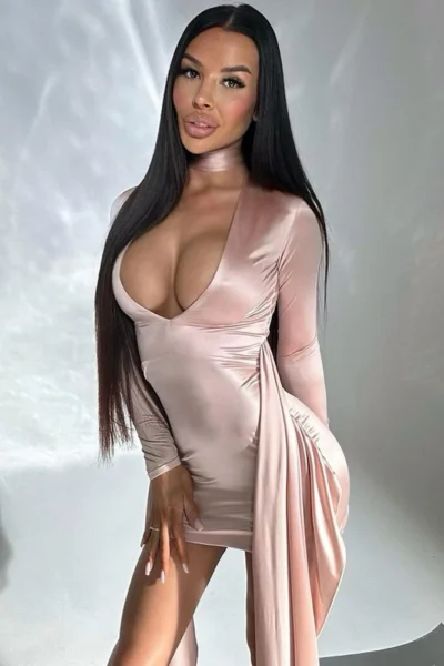 Metallic pink ruched bodycon mini dress party scene