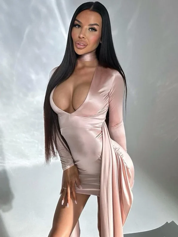 Metallic pink ruched bodycon mini dress party scene