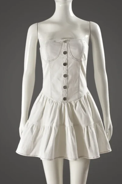 White strapless a-line mini dress on mannequin