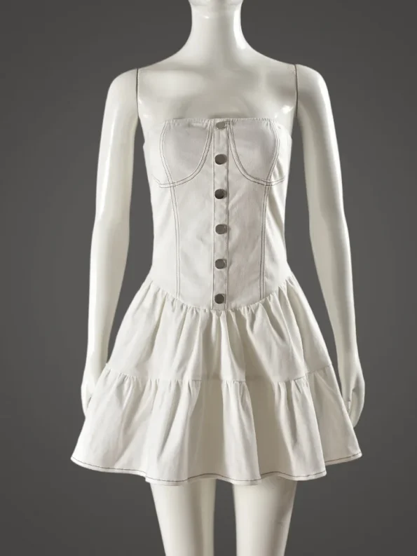 White strapless a-line mini dress on mannequin