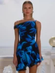 Front view of blue print ruffled mini dress.webp