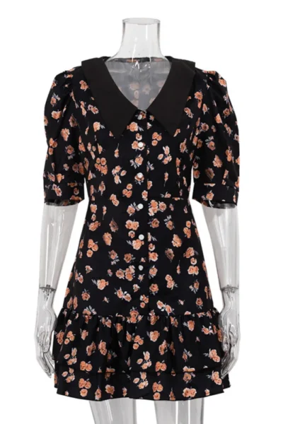 elegant floral mini dress black with peach flowers