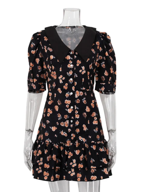 elegant floral mini dress black with peach flowers