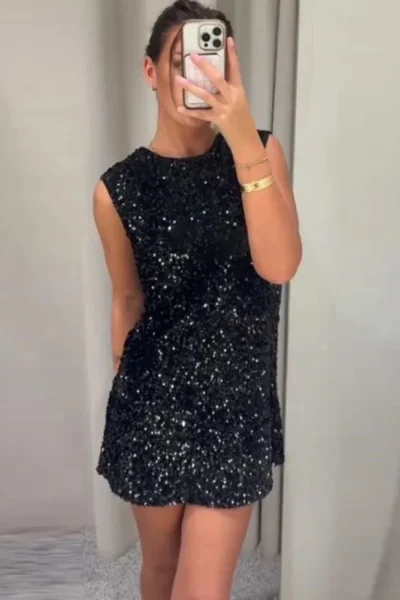 Black sequin sleeveless mini dress mirror selfie