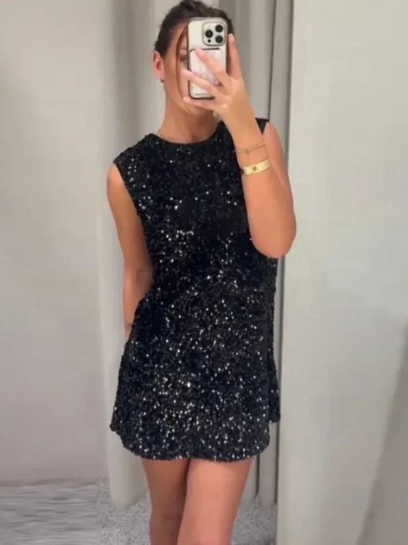 Black sequin sleeveless mini dress mirror selfie