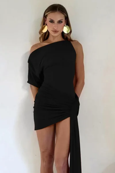 Oblique shoulder backless irregular mini dress full view