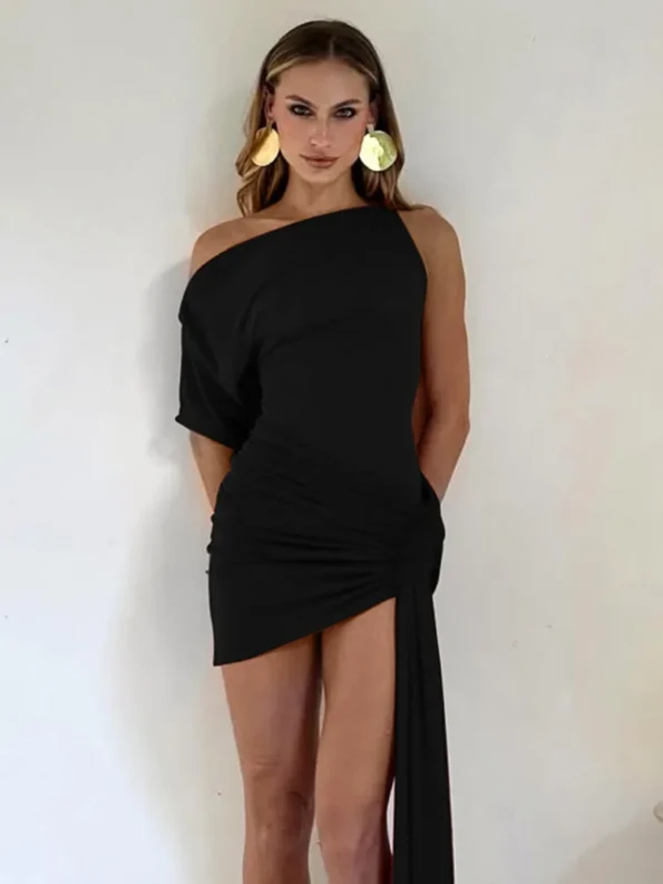 Oblique shoulder backless irregular mini dress full view