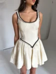 Mozision Sleeveless A-line Sexy Mini Dress For Women White Spaghetti Strap Sleeveless Backless Pleated Club Party Dress Clubwear