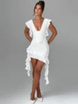 White deep V backless ruffle mini dress.webp