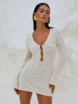 Sexy knitted beach dress with hollow out knit in white