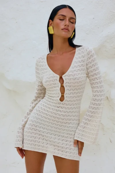 Sexy knitted beach dress with hollow out knit in white