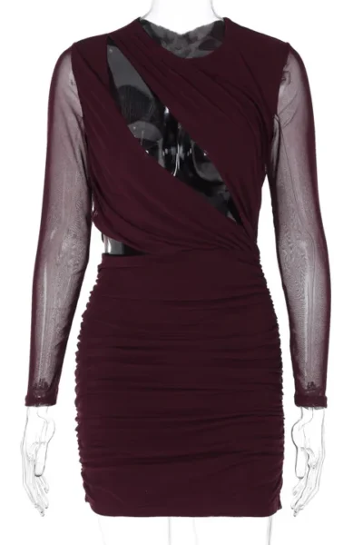 Wine red hollow out sheer mini dress design close up
