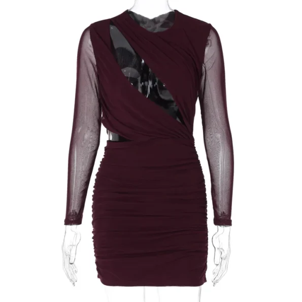 Wine red hollow out sheer mini dress design close up