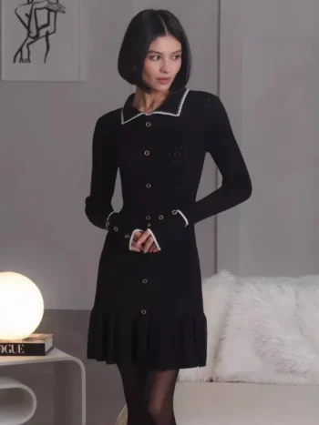 elegant high-waist knit dress black side view ruffled hem