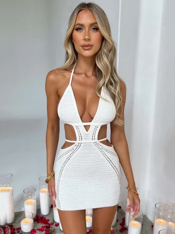 Sexy hollow out white halter mini dress front view