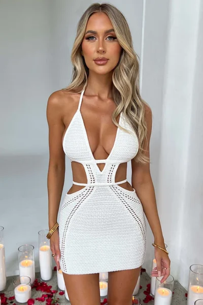 Sexy hollow out white halter mini dress front view