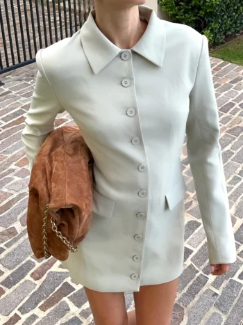 Mozision Long Sleeve Lapel Sexy Mini Dress For Women Solid Single-breasted Two Pocket High Waist Office Lady Blazer Dress
