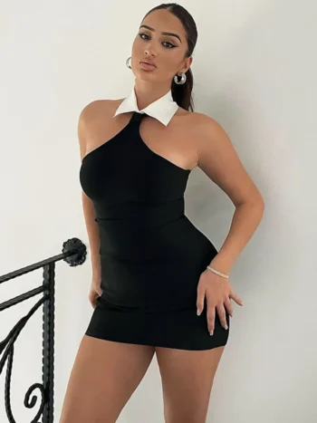 Halter patchwork off-shoulder mini dress front view