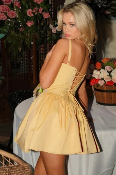 Yellow backless lace-up A-line mini dress side view