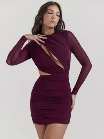 Wine red hollow out sheer mini dress with deeper cut