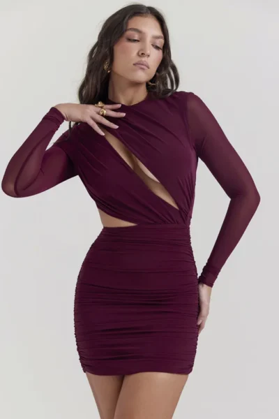 Wine red hollow out sheer mini dress with deeper cut