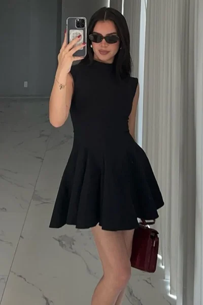 Black high collar sleeveless A-line mini dress front view