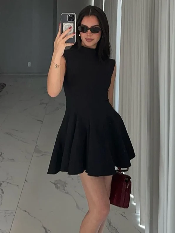 Black high collar sleeveless A-line mini dress front view