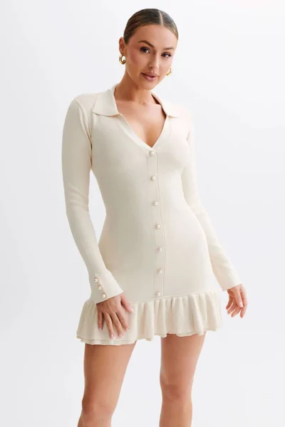 Ivory v-neck knit mini dress with long sleeves