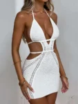 White Hollow Out Halter Mini Dress
