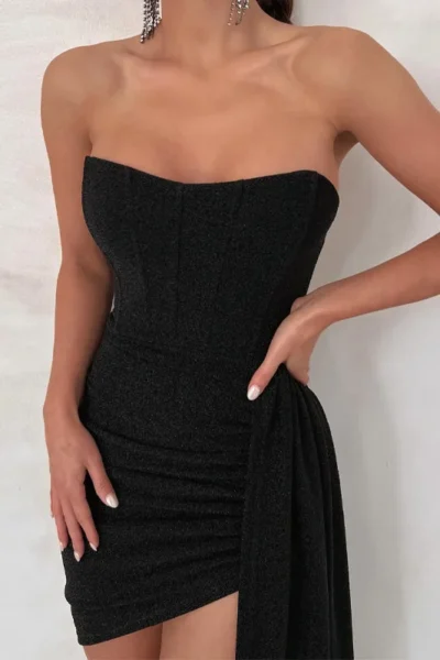 Black strapless ruched mini dress with draped sideBlack strapless ruched mini dress with draped side