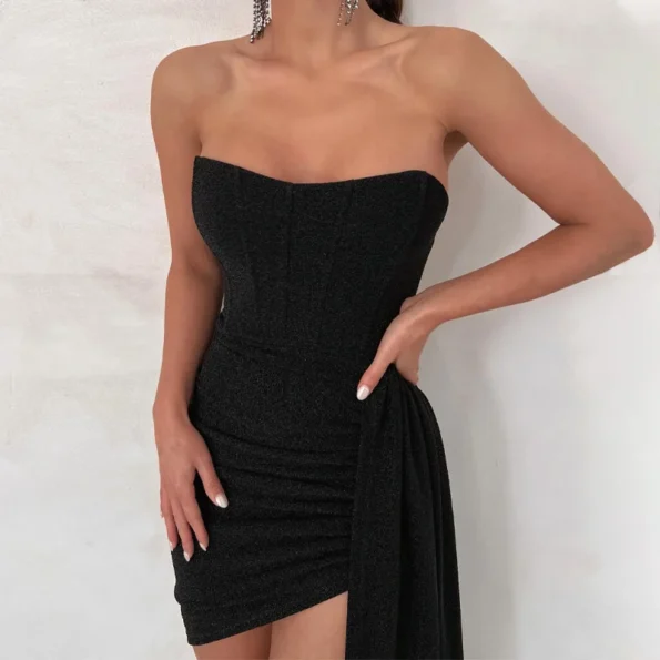 Black strapless ruched mini dress with draped sideBlack strapless ruched mini dress with draped side