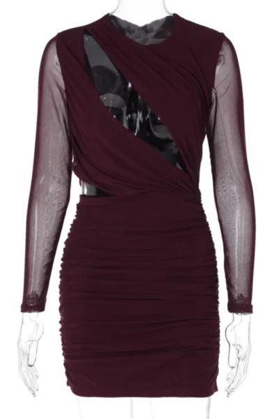 Wine red hollow out sheer mini dress on mannequin